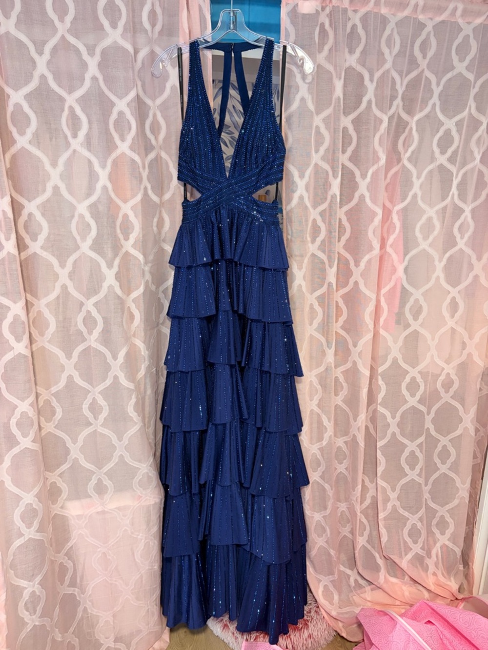 Sherri Hill Navy Beaded Tiered Ruffle Gown